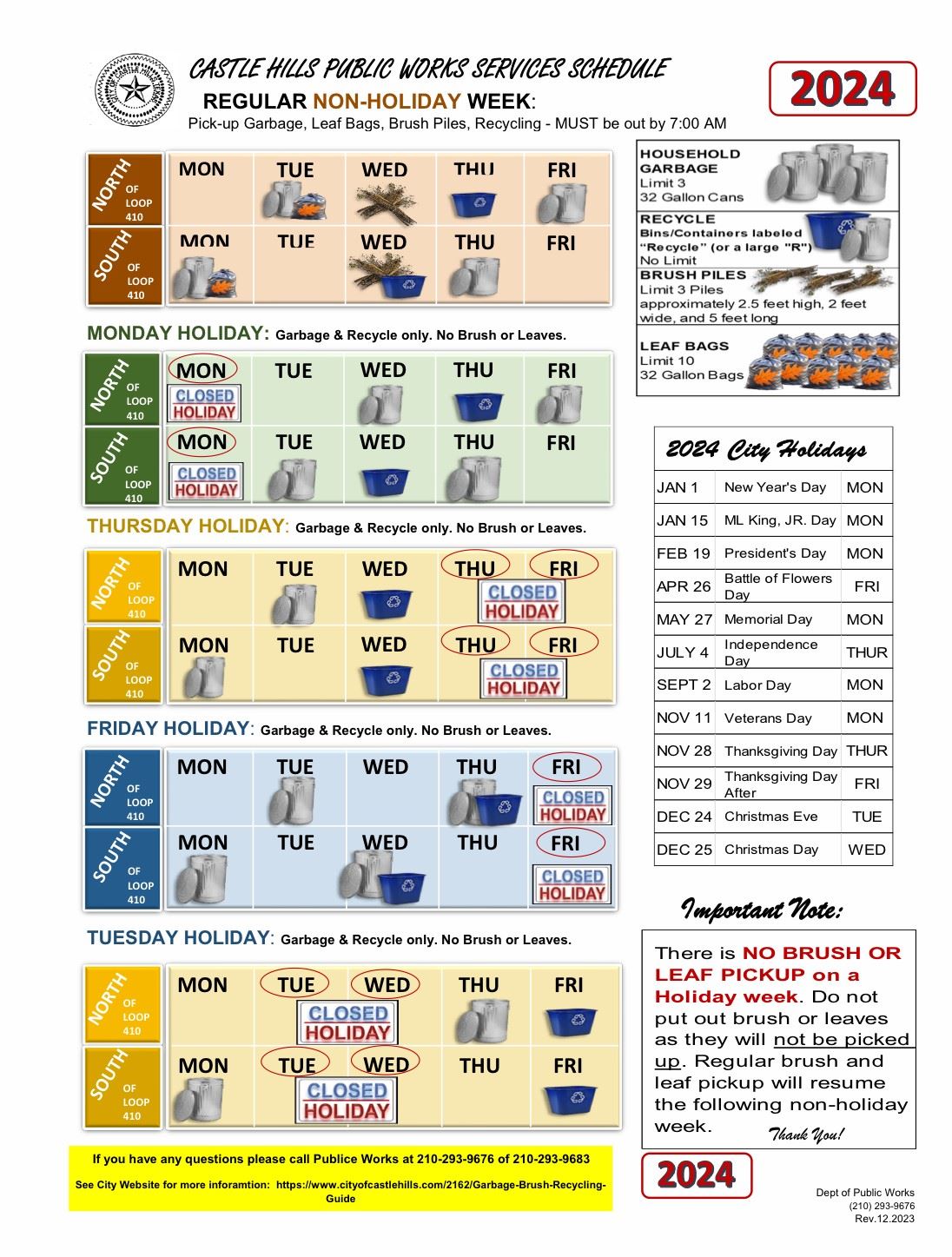 2024 - 2025  Holiday Garbage Schedule